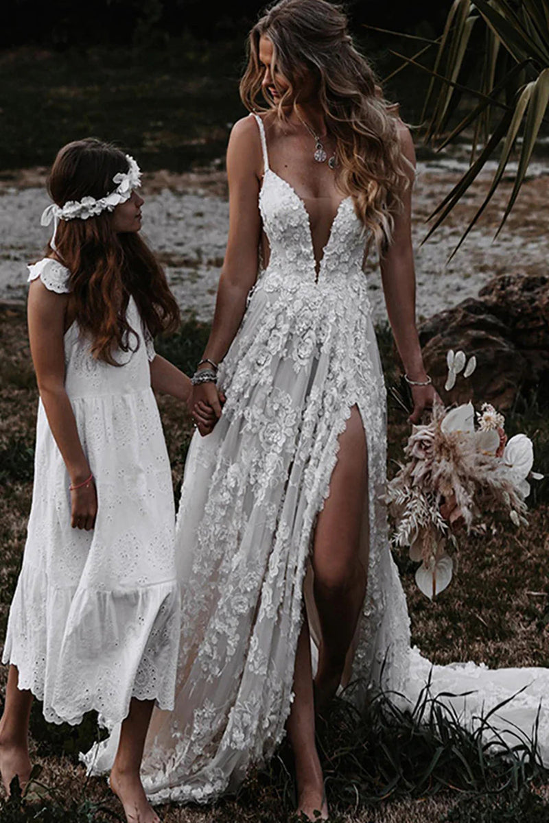 white boho dresses for women Hellymoon Women Boho Wedding Dress with Slit White A Line Spaghetti Straps Bridal Dress with Appliques – hellymoonuk