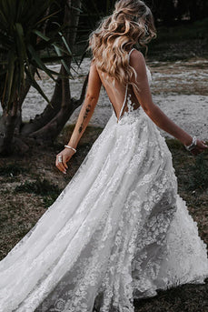 White Boho A-Line Wedding Dress with Appliques