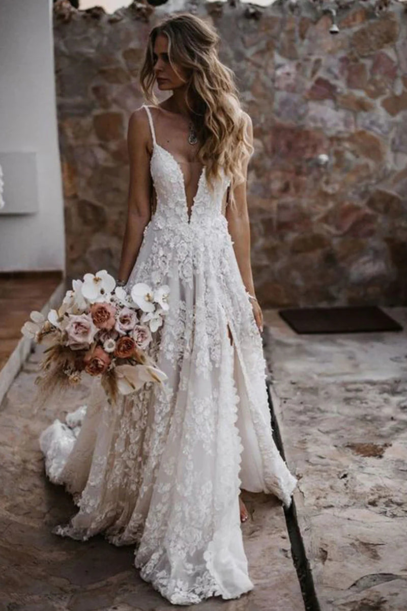 Hellymoon Women Boho Wedding Dress with Slit White A Line Spaghetti Straps Bridal Dress with Appliques – hellymoonuk