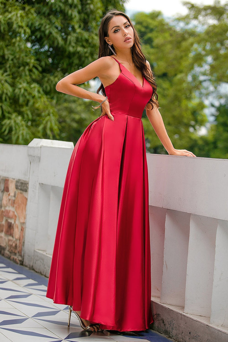 Load image into Gallery viewer, Burgundy Satin Prom Dress