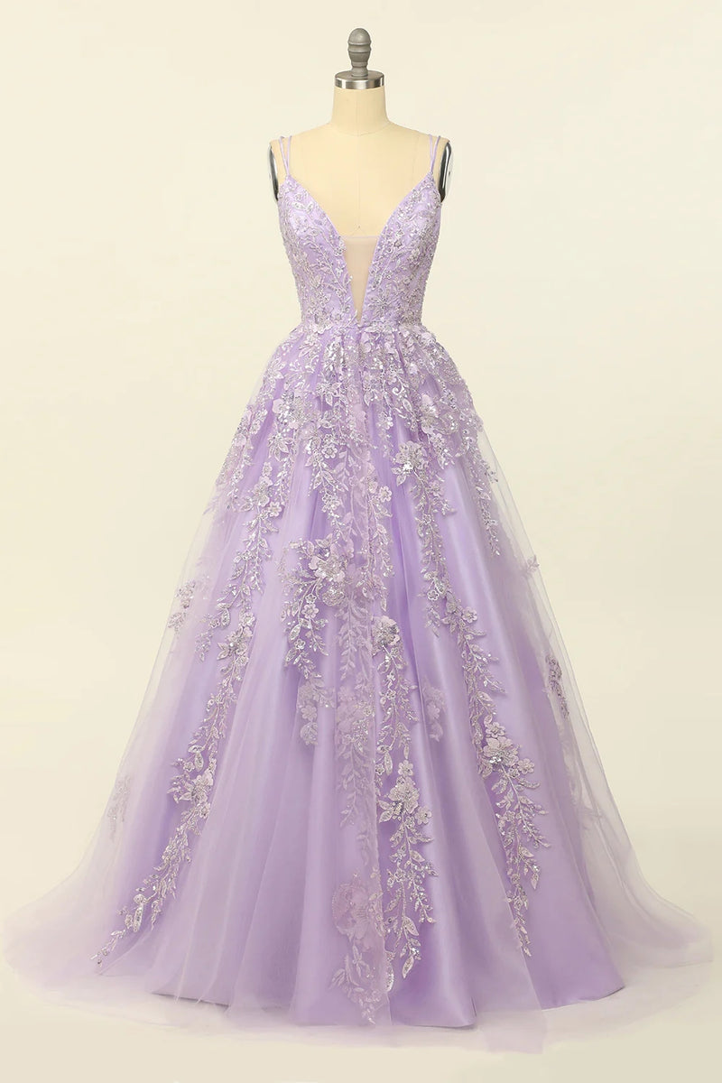 Load image into Gallery viewer, Beading A Line Lavender Prom Dress with Appliques