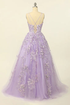 Beading A Line Lavender Prom Dress with Appliques