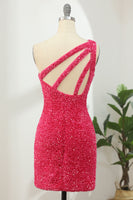 Load image into Gallery viewer, Hot Pink Open Sequins One Shoulder Tight Homecoming Dress