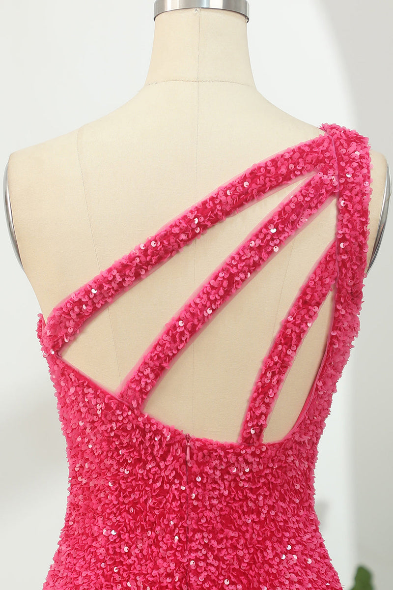 Load image into Gallery viewer, Hot Pink Open Sequins One Shoulder Tight Homecoming Dress