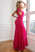 Load image into Gallery viewer, Fuchsia Sequin Long Prom Dress with Slit