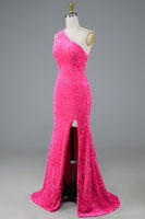 Load image into Gallery viewer, Fuchsia Sequin Long Prom Dress with Slit
