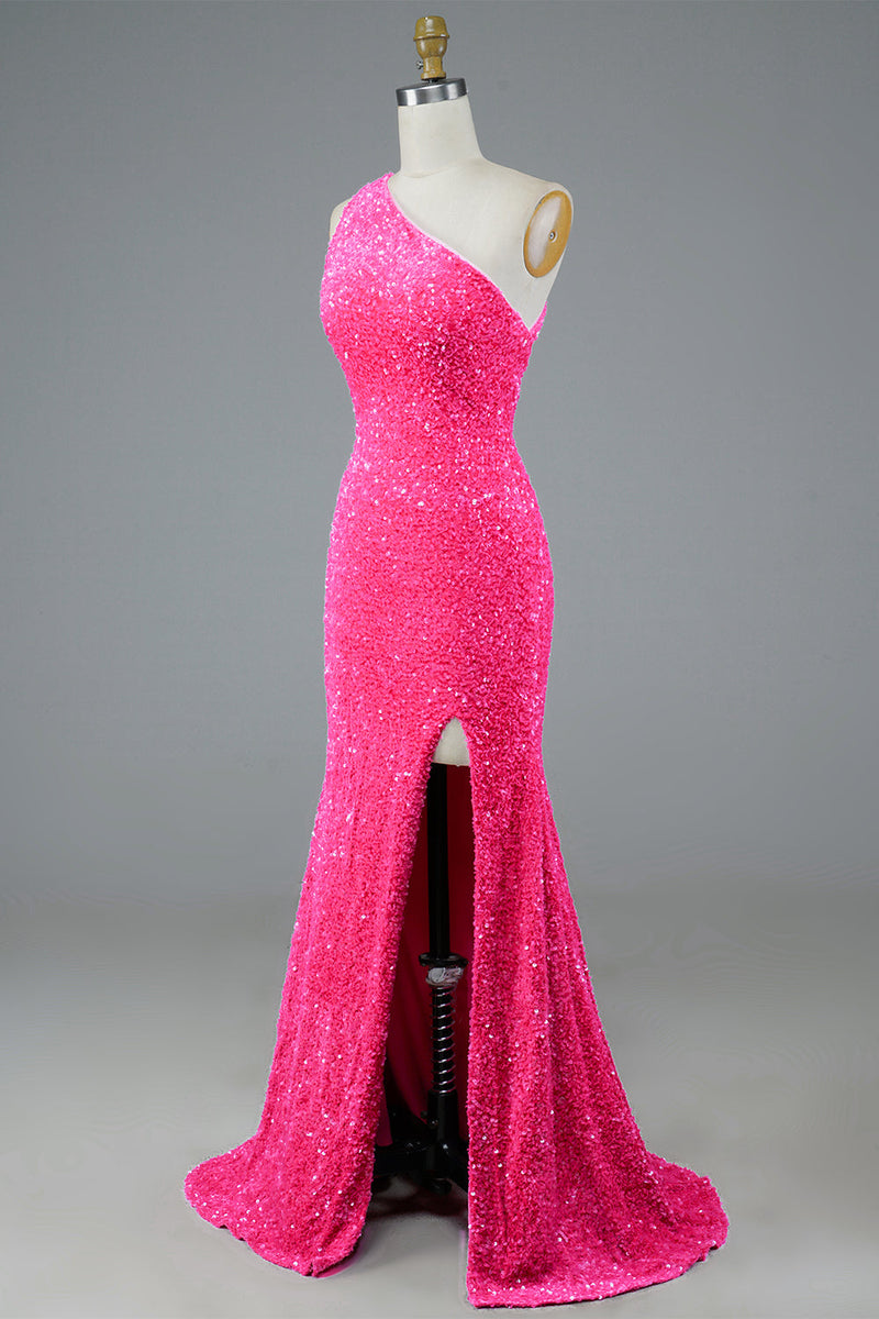 Load image into Gallery viewer, Fuchsia Sequin Long Prom Dress with Slit