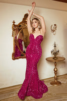 Load image into Gallery viewer, Fuchsia Sequin Mermaid Strapless Prom Dress