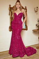 Load image into Gallery viewer, Fuchsia Sequin Mermaid Strapless Prom Dress
