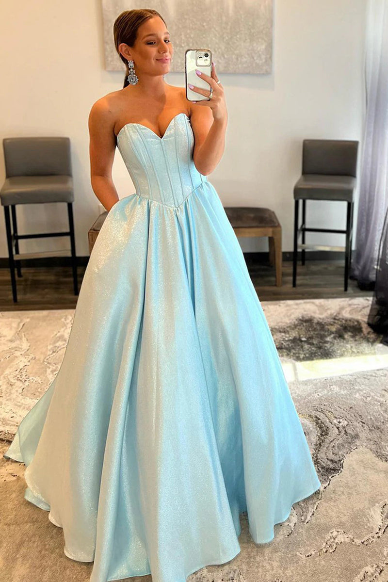 Load image into Gallery viewer, Sweetheart A-Line Strapless Blue Corset Prom Dress