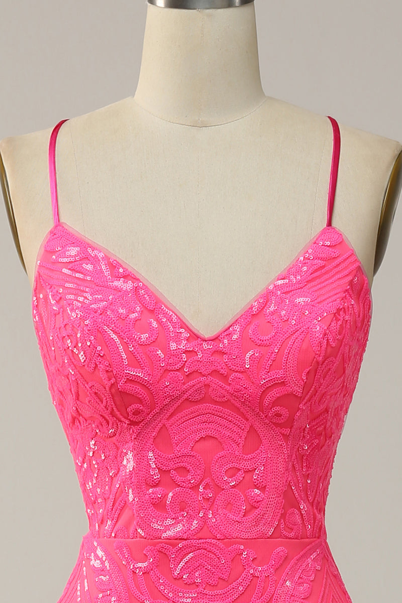 Load image into Gallery viewer, Hot Pink Mermaid Spaghetti Straps Sparkly Prom Dress with Sequins