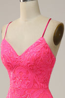 Load image into Gallery viewer, Hot Pink Mermaid Spaghetti Straps Sparkly Prom Dress with Sequins