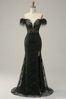 Load image into Gallery viewer, Mermaid Off the Shoulder Black Long Prom Dress with Feather
