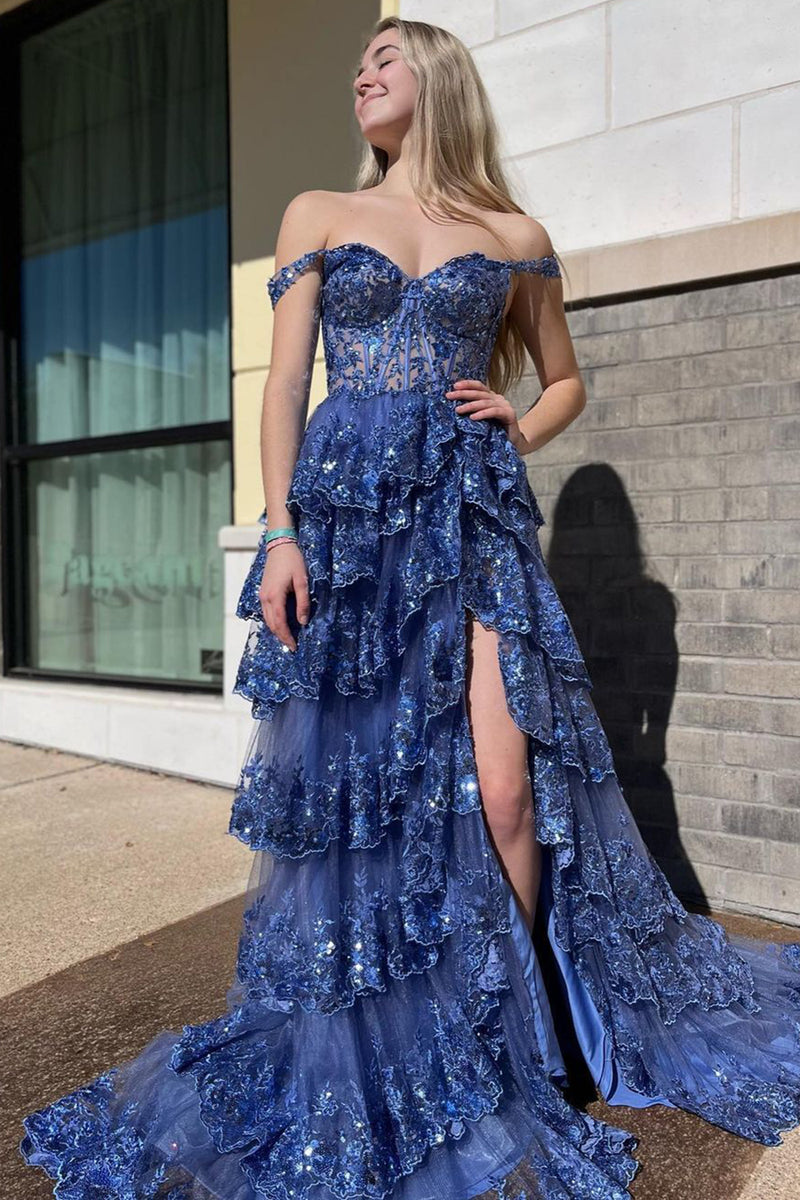 Load image into Gallery viewer, Dark Blue Off Shoulder Layered Prom Dress with Slit