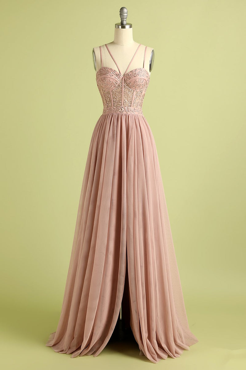 Load image into Gallery viewer, Pink Spaghetti Straps Prom Dress with Slit
