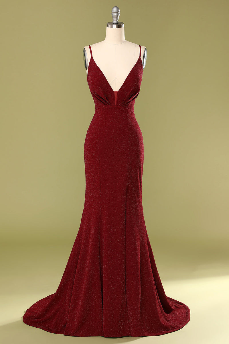 Load image into Gallery viewer, Burgundy V-neck Mermaid Prom Dress with Lace-up Back