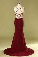 Load image into Gallery viewer, Burgundy V-neck Mermaid Prom Dress with Lace-up Back