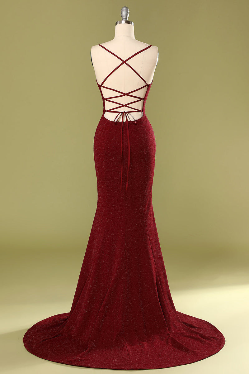 Load image into Gallery viewer, Burgundy V-neck Mermaid Prom Dress with Lace-up Back
