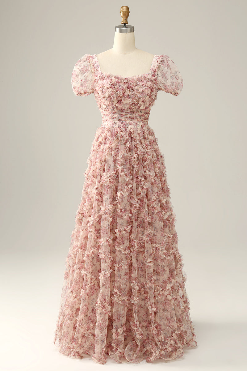 Load image into Gallery viewer, Flower Printed Square Neck A-line Prom Dress