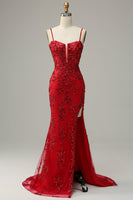 Load image into Gallery viewer, Mermaid Spaghetti Straps Red Sequins Long Prom Dress with Split Front