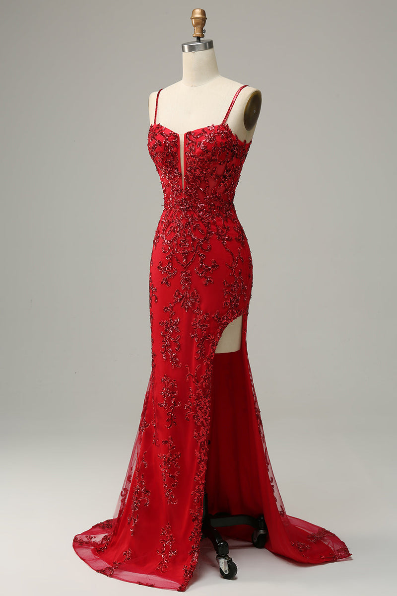 Load image into Gallery viewer, Mermaid Spaghetti Straps Red Sequins Long Prom Dress with Split Front