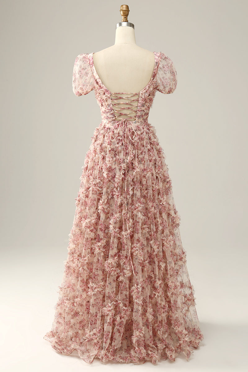 Load image into Gallery viewer, Flower Printed Square Neck A-line Prom Dress