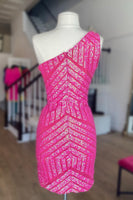 Load image into Gallery viewer, Hot Pink One Shoulder Sequins Tight Short Homecoming Dress