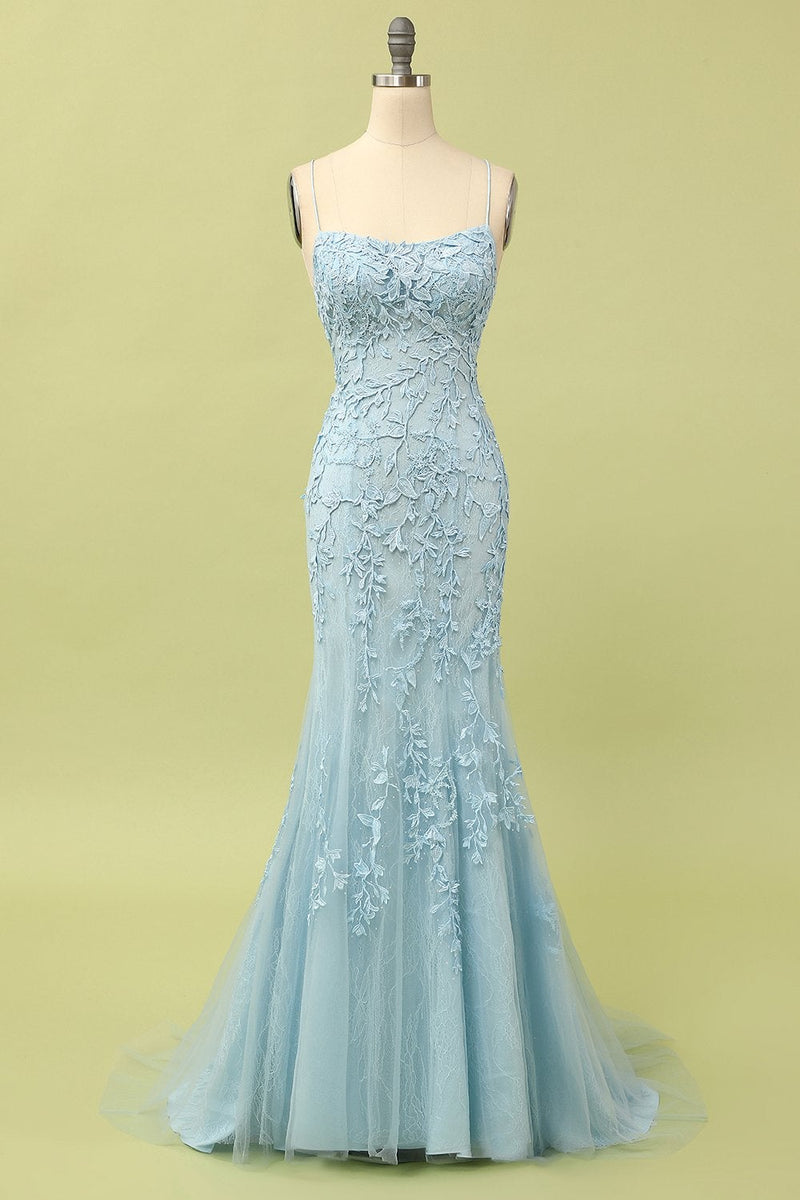 Mermaid Blue Long Prom Dress Spaghetti Straps Backless Evening Dress   hellymoonuk