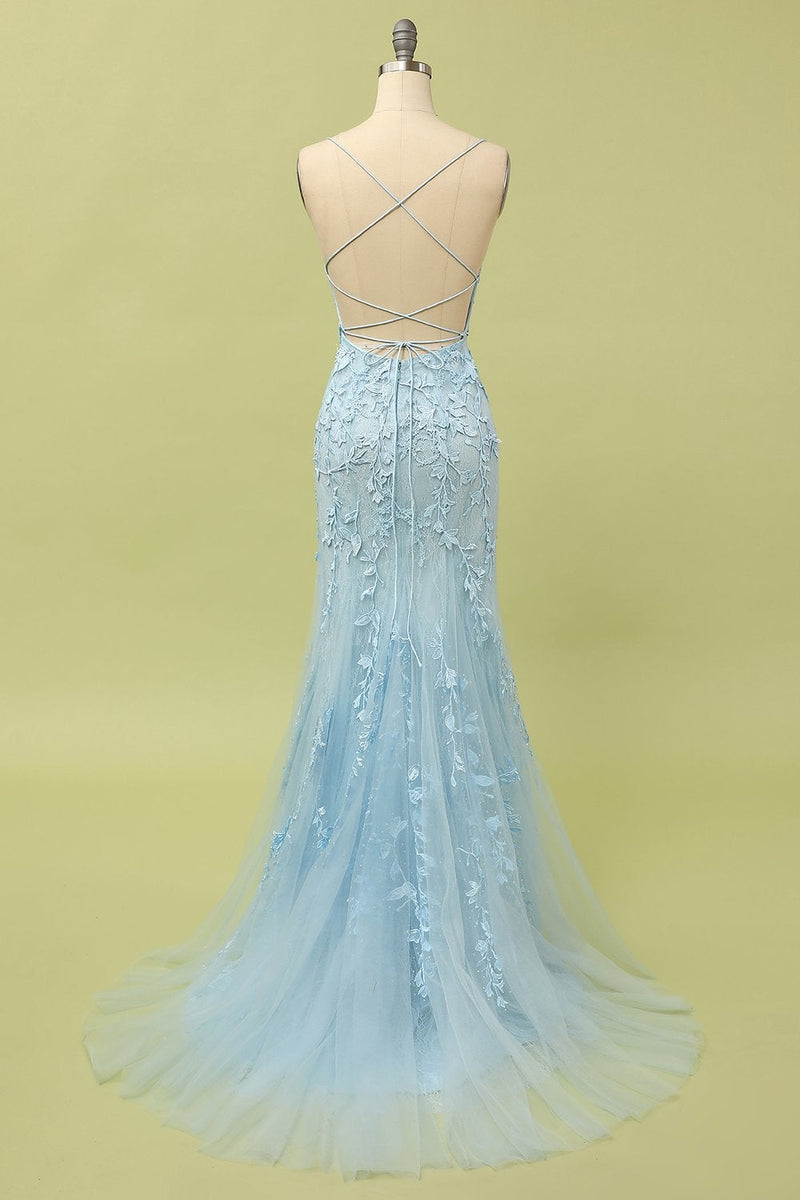 Load image into Gallery viewer, Mermaid Blue Long Prom Dress Backless Evening Dress