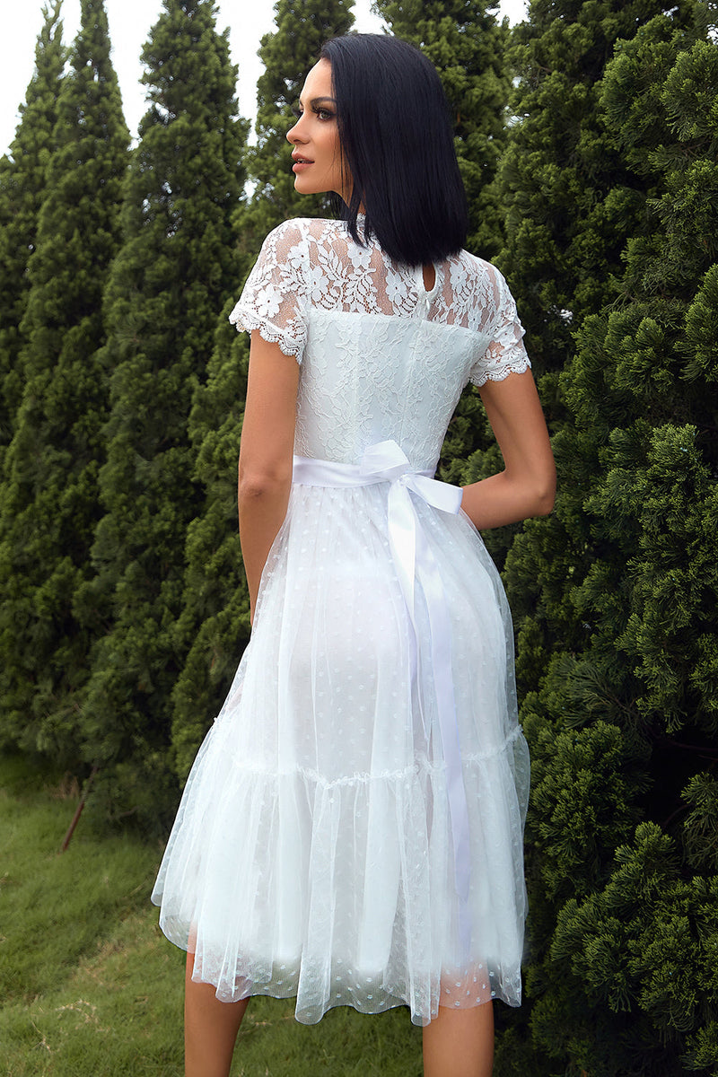 Load image into Gallery viewer, A Line White Lace Wedding Guest Party Dress