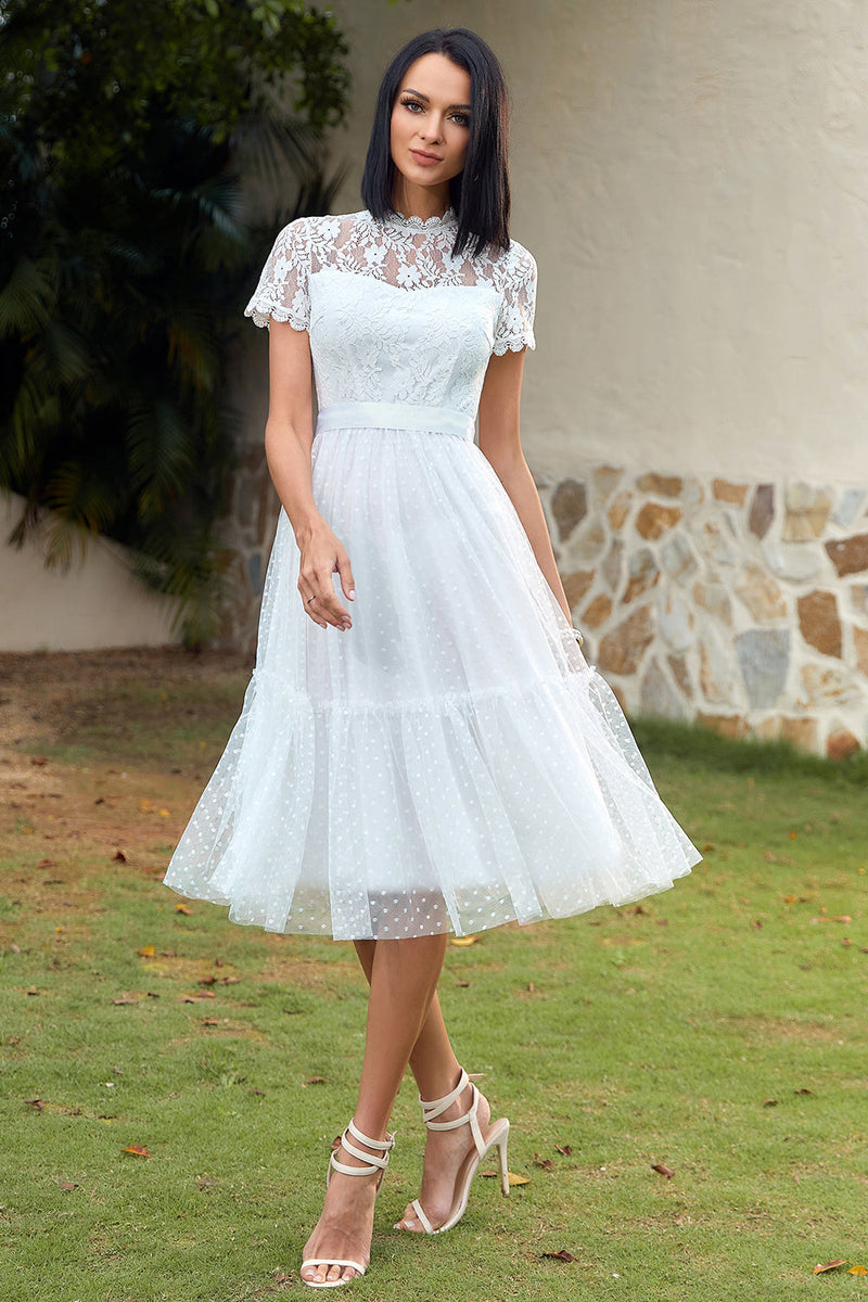 Load image into Gallery viewer, A Line White Lace Wedding Guest Party Dress