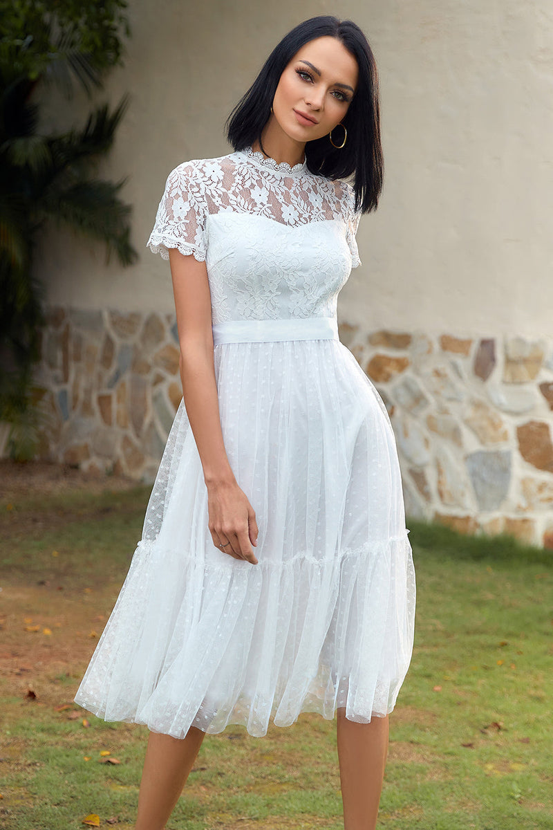 Load image into Gallery viewer, A Line White Lace Wedding Guest Party Dress