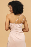 Load image into Gallery viewer, Blush Satin Mermaid One Shoulder Long Bridesmaid Dress with Slit