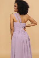 Load image into Gallery viewer, Lilac Chiffon One Shoulder Bridemaid Dress with Ruffles