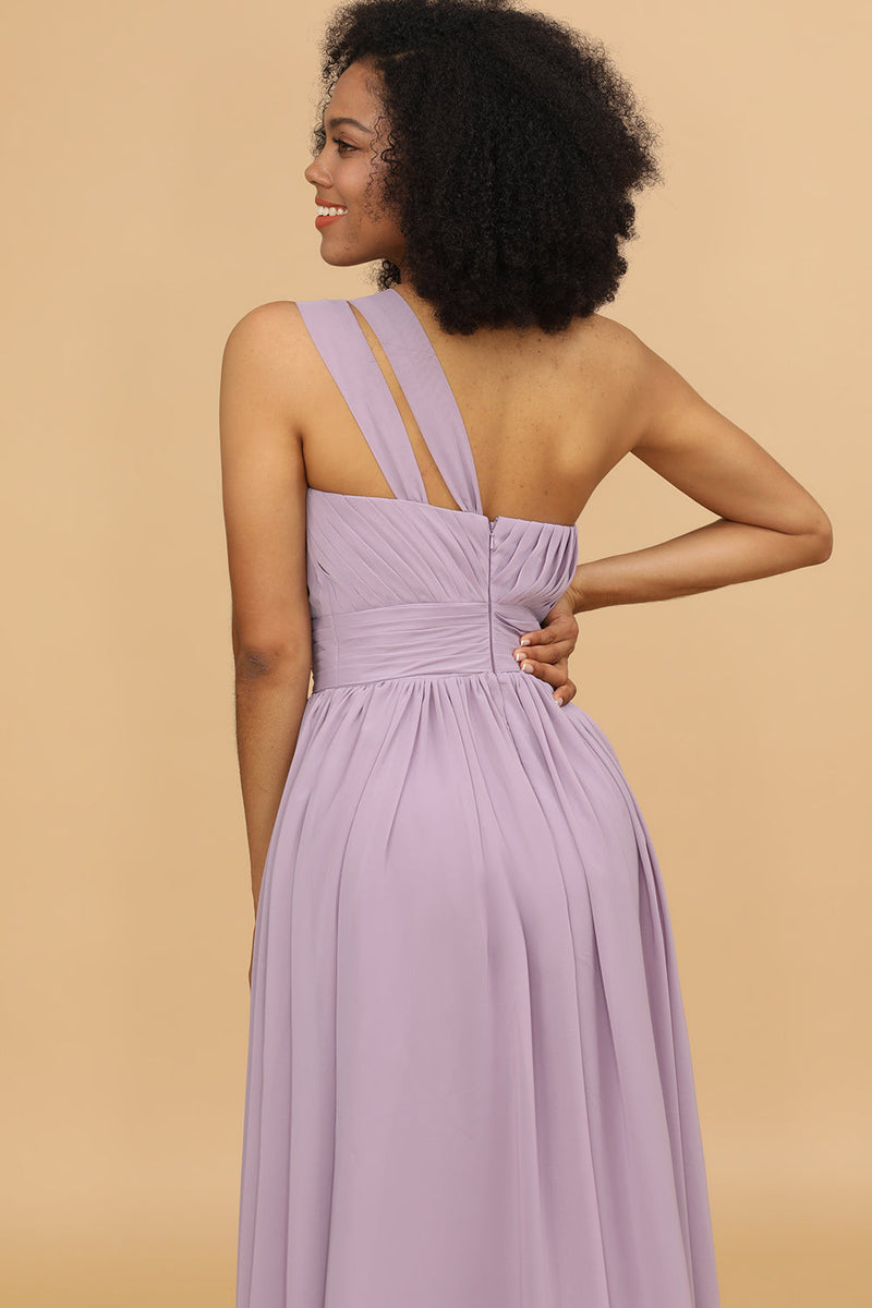 Load image into Gallery viewer, Lilac Chiffon One Shoulder Bridemaid Dress with Ruffles