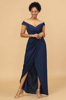 Load image into Gallery viewer, Navy Off The Shoulder Sheath Bridesmaid Dress