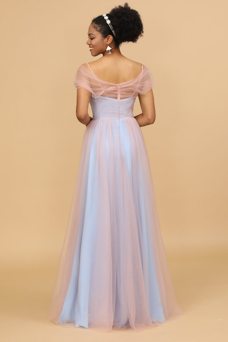 Load image into Gallery viewer, A Line Spaghetti Straps Blue Tulle Long Bridesmaid Dress