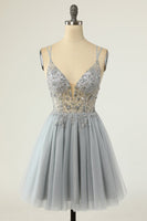 Load image into Gallery viewer, Gorgeous A Line Spaghetti Straps Grey Short Homecoming Dress with Beading