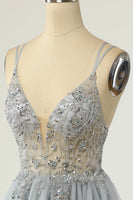 Load image into Gallery viewer, Gorgeous A Line Spaghetti Straps Grey Short Homecoming Dress with Beading