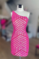 Load image into Gallery viewer, Hot Pink One Shoulder Sequins Tight Short Homecoming Dress