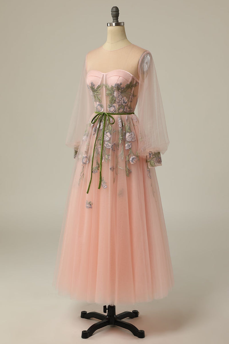 Load image into Gallery viewer, A Line Jewel Light Nude Long Prom Dress with Embroidery