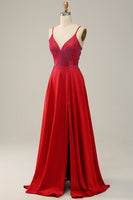 Load image into Gallery viewer, Spaghetti Straps Beaded Red Prom Dress with Slit