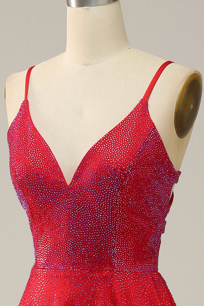 Load image into Gallery viewer, Spaghetti Straps Beaded Red Prom Dress with Slit