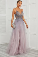 Load image into Gallery viewer, Spaghetti Straps Appliques Long Prom Dress with Split Front