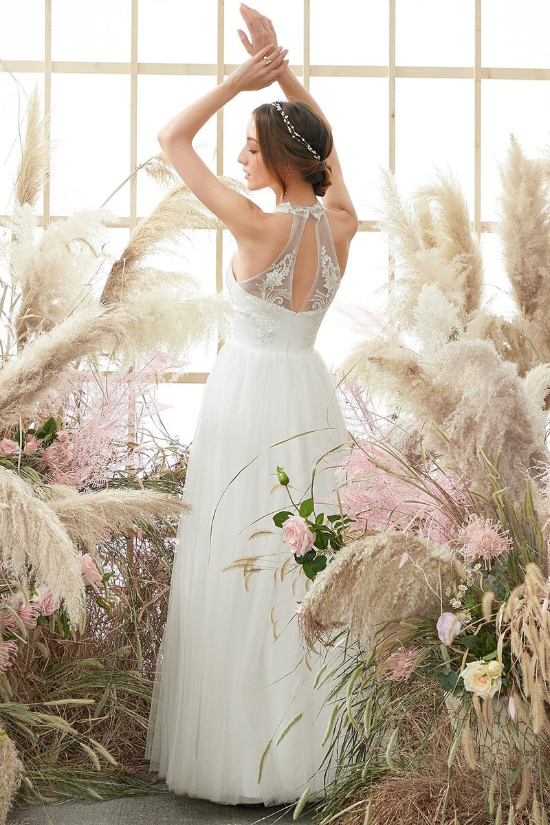 Load image into Gallery viewer, White Halter Neck Tulle A Line Wedding Dress