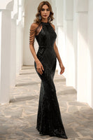 Load image into Gallery viewer, Glitter Black Sequin Halter Mermaid Prom Dress