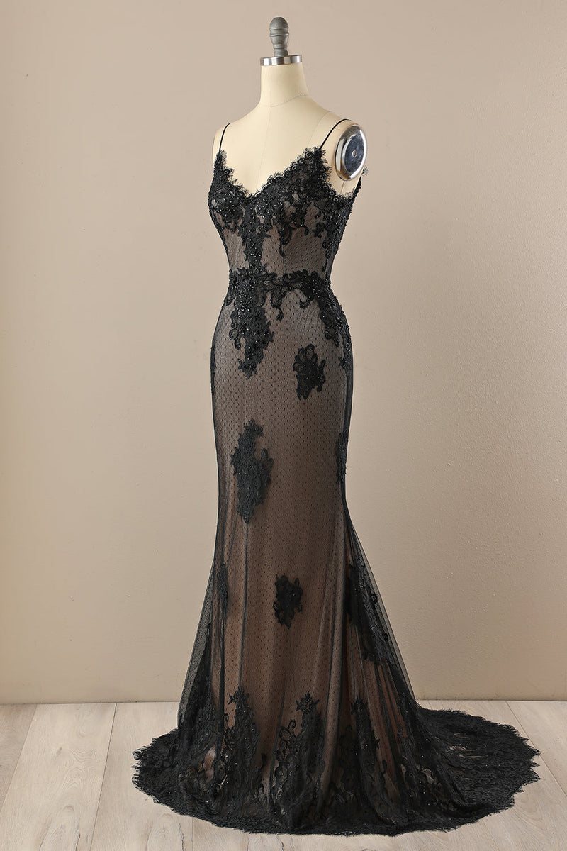 Load image into Gallery viewer, Black Mermaid Prom Dress with Lace