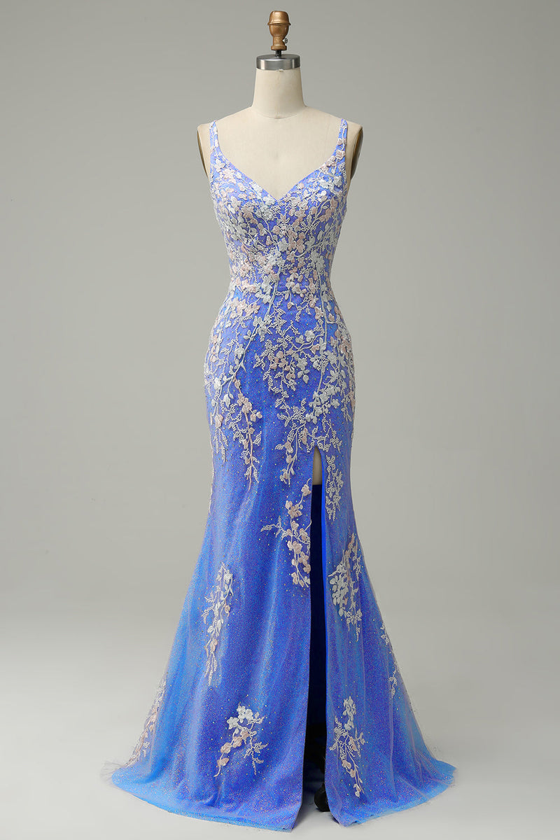 Load image into Gallery viewer, Light Blue Mermaid V Neck Long Prom Dress with Appliques Beading