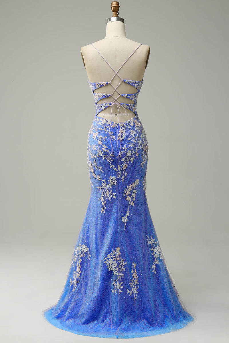 Load image into Gallery viewer, Light Blue Mermaid V Neck Long Prom Dress with Appliques Beading