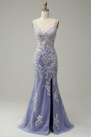 Load image into Gallery viewer, Light Blue Mermaid V Neck Long Prom Dress with Appliques Beading